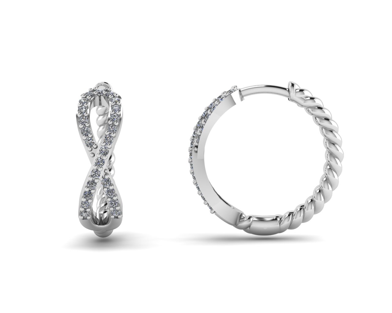 White CZ Infinity Rope Hoop Earring Rhodium Plated/ ต่างหูฮักกี้เกลียวทำจากทองเหลืองฝังเพชรรัสเชียสีขาวชุบโรเดียม