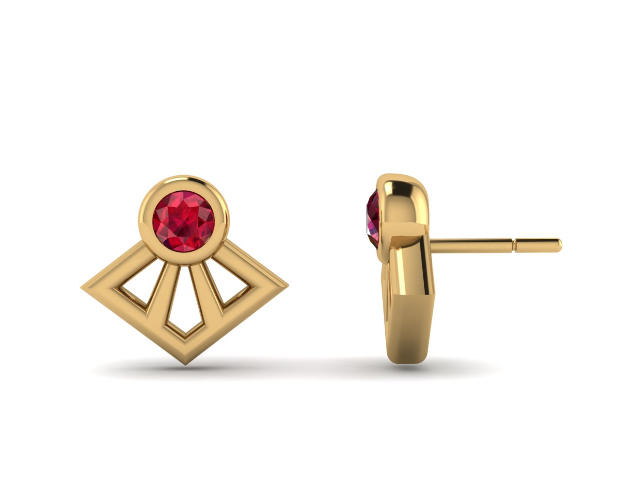 Red Synthetic Fan Shape Stud Earrings / ต่างหูทองเหลืองฝังพลอยสังเคราะห์สีแดง ชุบทองสี 14 เค 