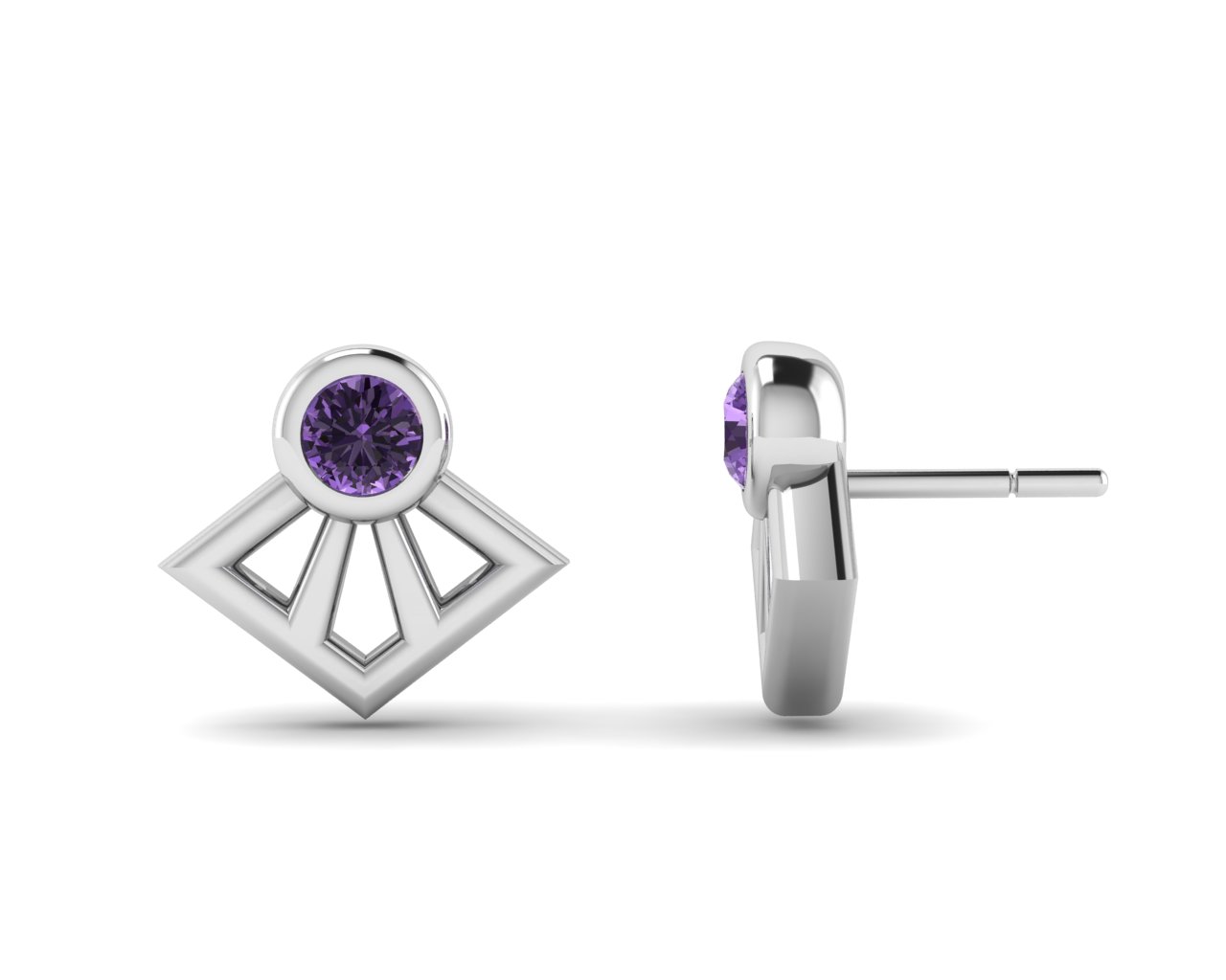 Round Amethyst Natural Fan Shape Stud Earrings / ต่างหูทองเหลืองฝังพลอยแท้สีม่วงอเมทิส ชุบทองสี 14 เค