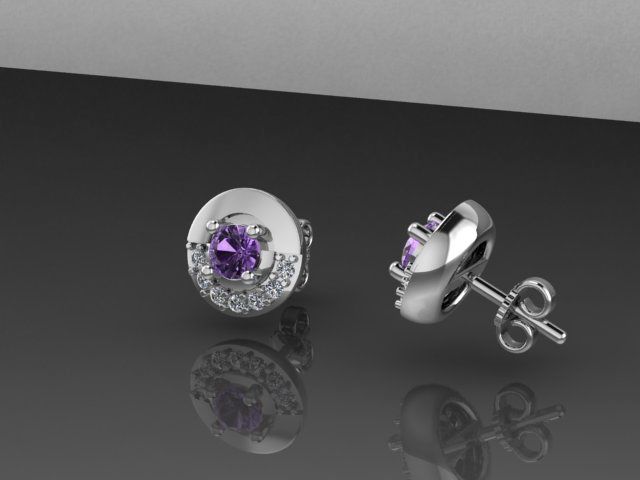 Round Natural Amethyst Stud Earrings / ต่างหูทองเหลืองฝังพลอยแท้สีม่วงอเมทิสชุบทองสี 14 เค 