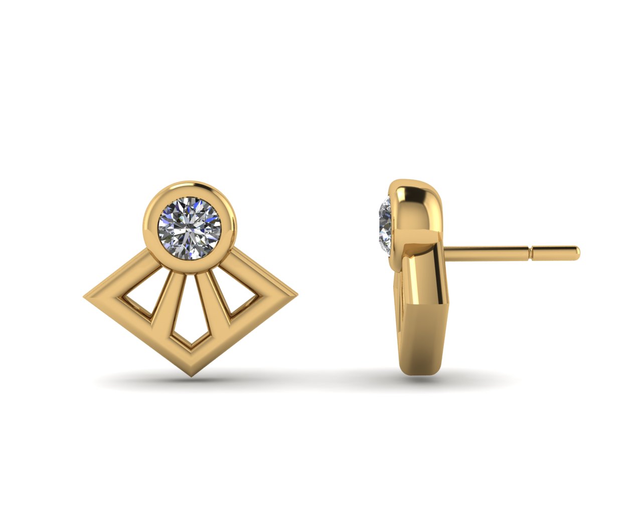 Round of white CZ Fan Shape Stud Earrings / ต่างหูทองเหลืองฝังด้วยเพชรรัสเซียสีขาวชุบทองสี 14เค