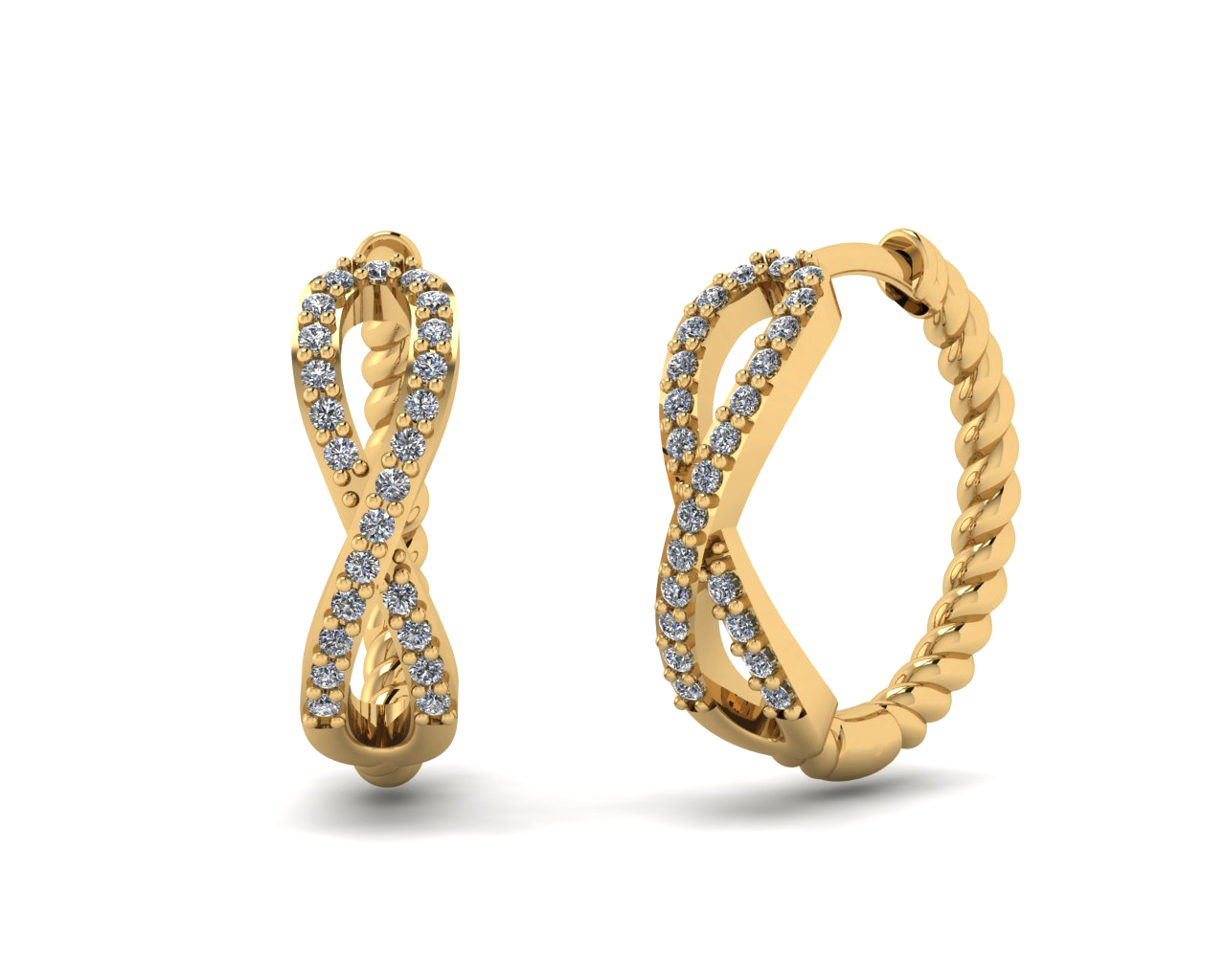 White Round Zirconia Infinity Rope Hoop Earring 14K Gold Plated/ ต่างหูฮักกี้เกลียวทำจากทองเหลืองฝังเพชรรัสเชียสีขาวชุบทองสี 14เค