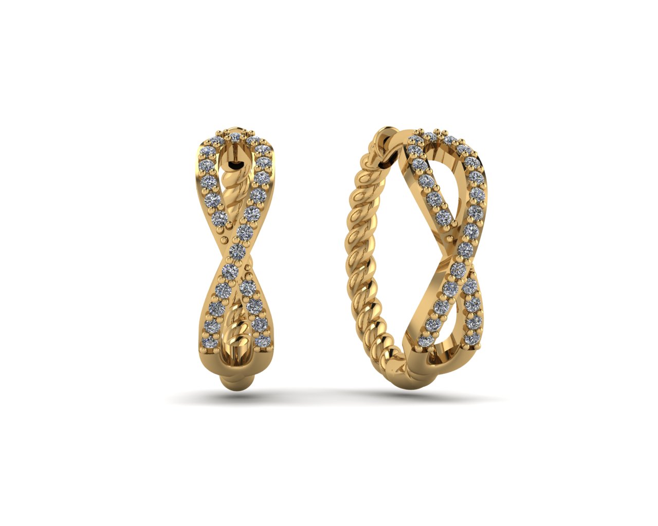 White Round Zirconia Infinity Rope Hoop Earring 14K Gold Plated/ ต่างหูฮักกี้เกลียวทำจากทองเหลืองฝังเพชรรัสเชียสีขาวชุบทองสี 14เค