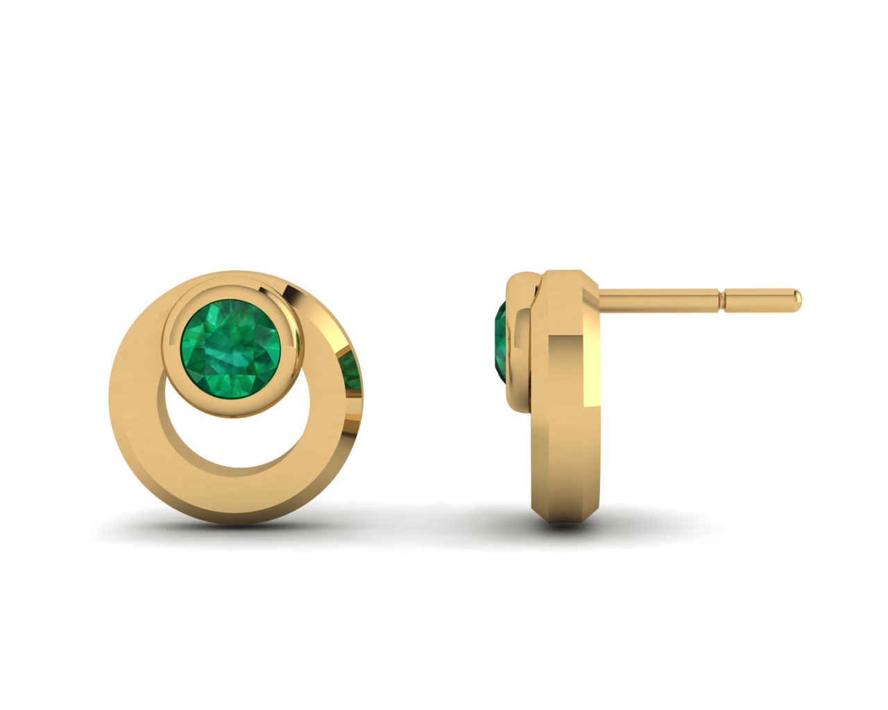 Created Emerald Round Stud Earrings, 14K Gold Plated/ ต่างหูทองเหลือง ฝังพลอยสังเคราะห์สีเขียวมรกตชุบทองสี 14K