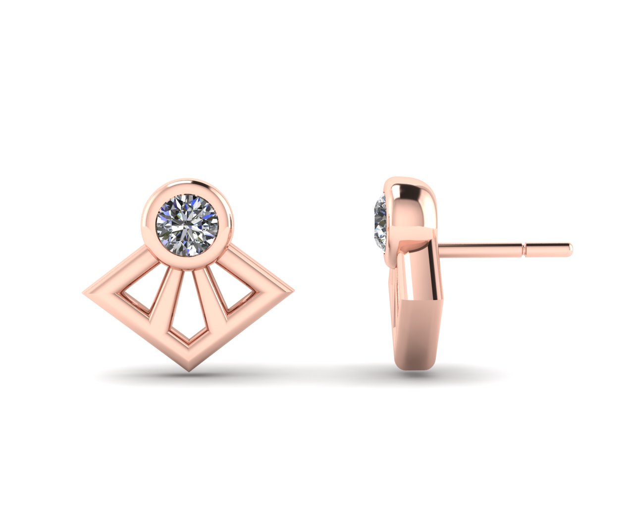 White Zirconia Round Fan Shape Stud Earrings. Gold 14K and Rose Gold Plated / ต่างหูทองเหลืองฝังพลอยสังเคราะห์สีขาว ชุบทองสี 14 เค และสีโรสโกลด์