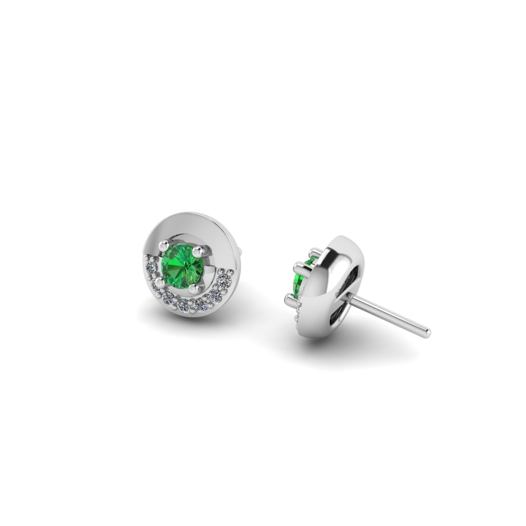 Created Green Emerald Round Stud Earrings / ต่างหูทองเหลืองฝังพลอยสังเคราะห์สีเขียวมรกต ชุบทองสี 14 เค