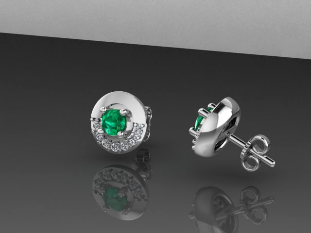 Created Green Emerald Round Stud Earrings / ต่างหูทองเหลืองฝังพลอยสังเคราะห์สีเขียวมรกต ชุบทองสี 14 เค