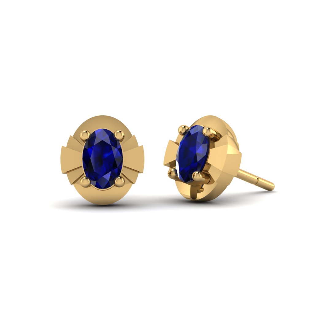 Oval Blue sapphire Synthetic Stud Earrings, 14K Gold Plated/ ต่างหูทองเหลืองรูปทรงรีฝังพลอยสังเคราะห์สีน้ำเงินชุบทองสี 14 เค