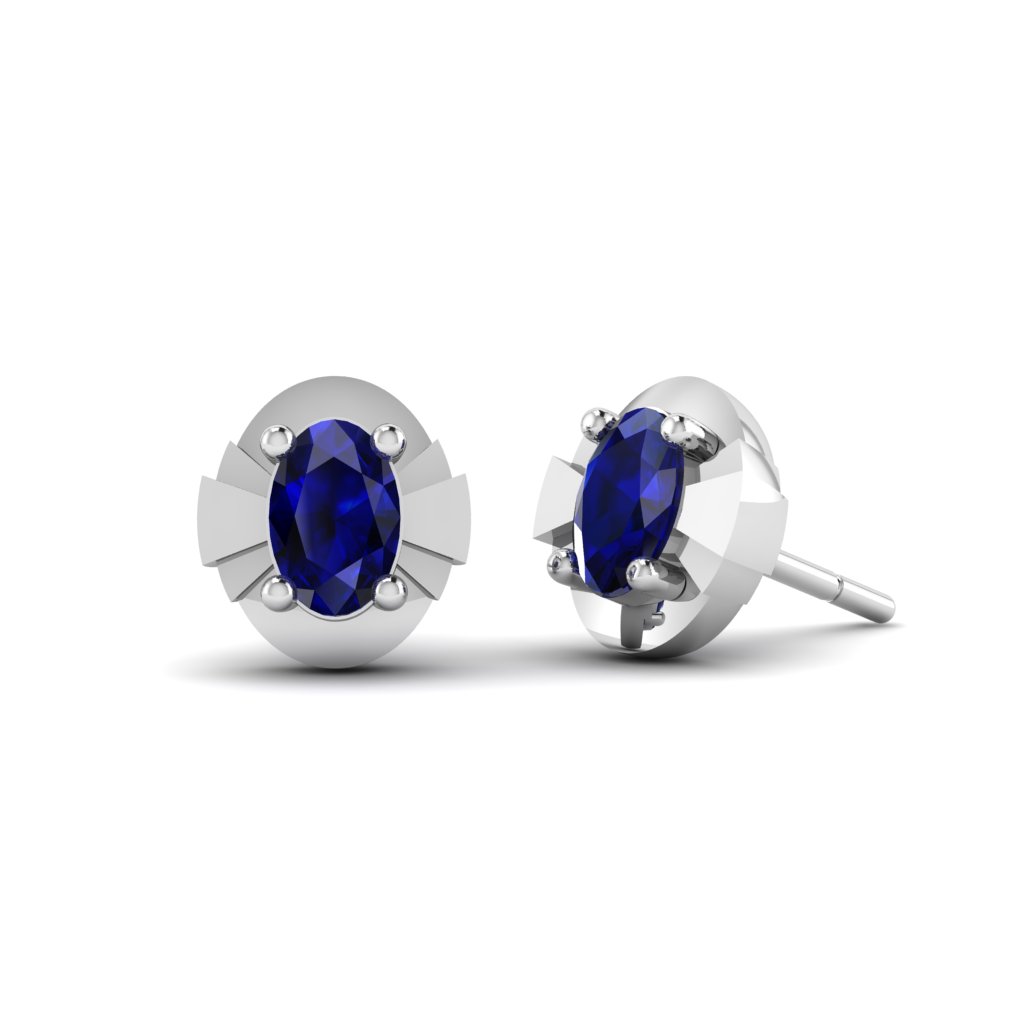 Oval Blue sapphire Synthetic Stud Earrings, 14K Gold Plated/ ต่างหูทองเหลืองรูปทรงรีฝังพลอยสังเคราะห์สีน้ำเงินชุบทองสี 14 เค
