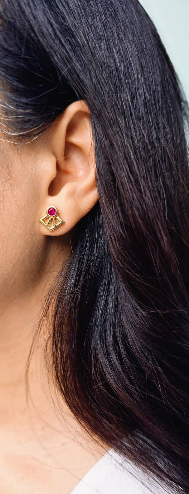 Created Green Emerald Fan Shape Stud Earrings. Made of bronze rose gold plated. 