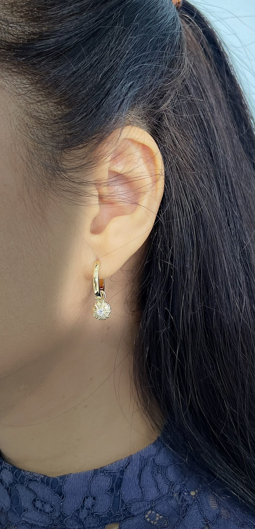 Brass Round WCZ Dangle Charm Earrings 14K Gold Plated (Hoop earring sold separately) 