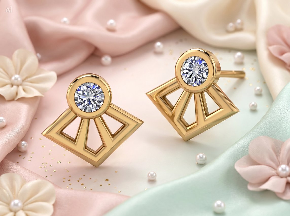 Created Green Emerald Fan Shape Stud Earrings. Made of bronze rose gold plated. 