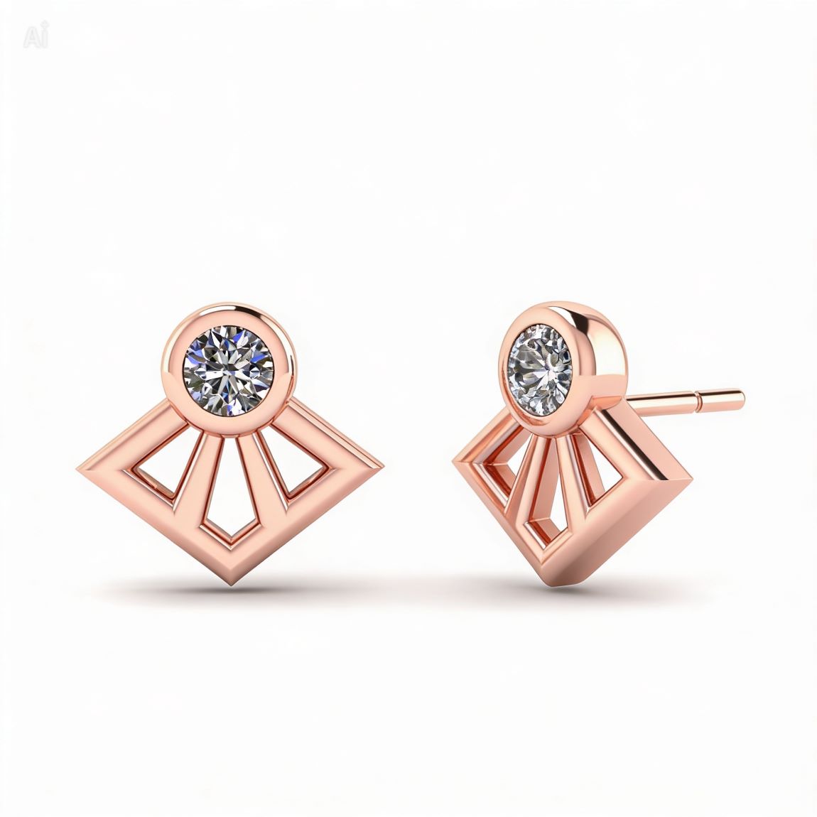 Pink Sapphire Synthetic Round Fan Shape Stud Earrings / ต่างหูทองเหลืองฝังพลอยสังเคราะห์สีชมพู ชุบทองสี 14 เค 