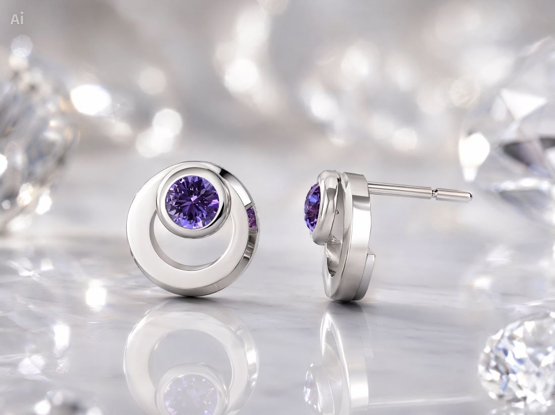  Amethyst Natural Round Stud Earrings/ ต่างหูทองเหลืองฝังพลอยธรรมชาติสีม่วงอเมทิส ชุบทอง สี14เค