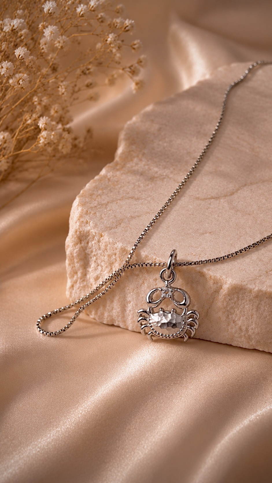 Adorable Pendant Featuring  Cancer Zodiac Symbol. Matte Rhodium Plated.