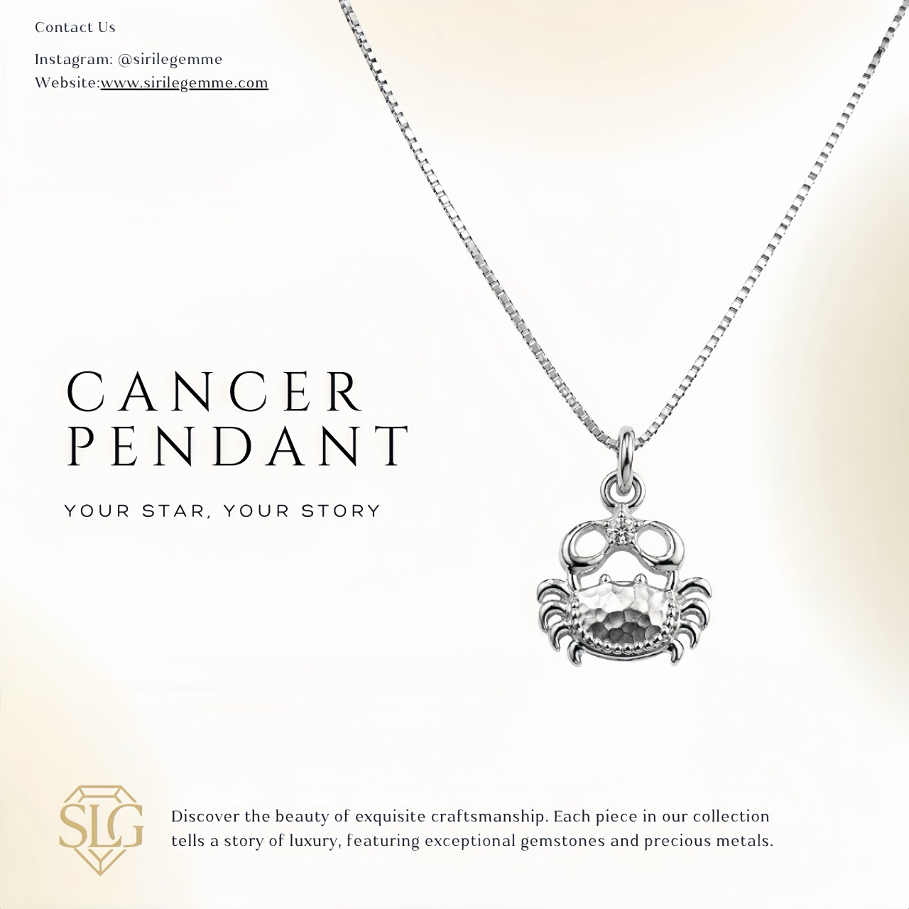 Adorable Pendant Featuring  Cancer Zodiac Symbol. Matte Rhodium Plated.